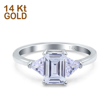 14K White Gold Emerald Cut Art Deco Engagement Ring Simulated Cubic Zirconia